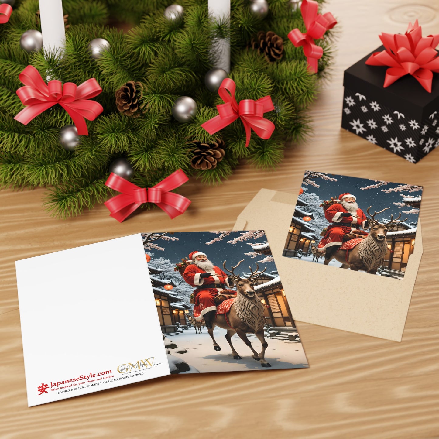 Santa & Dasher In Kyoto Greeting Cards (1 or 10-pcs)