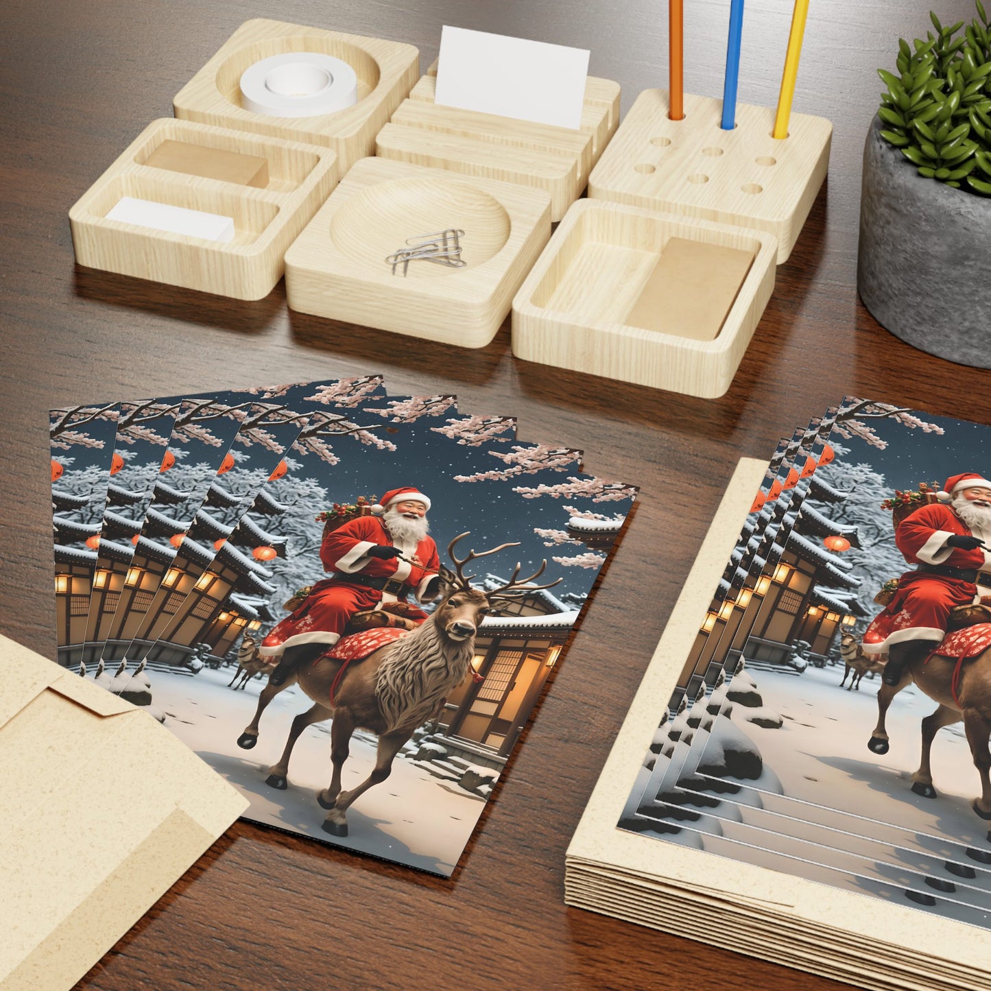 Santa & Dasher In Kyoto Greeting Cards (1 or 10-pcs)