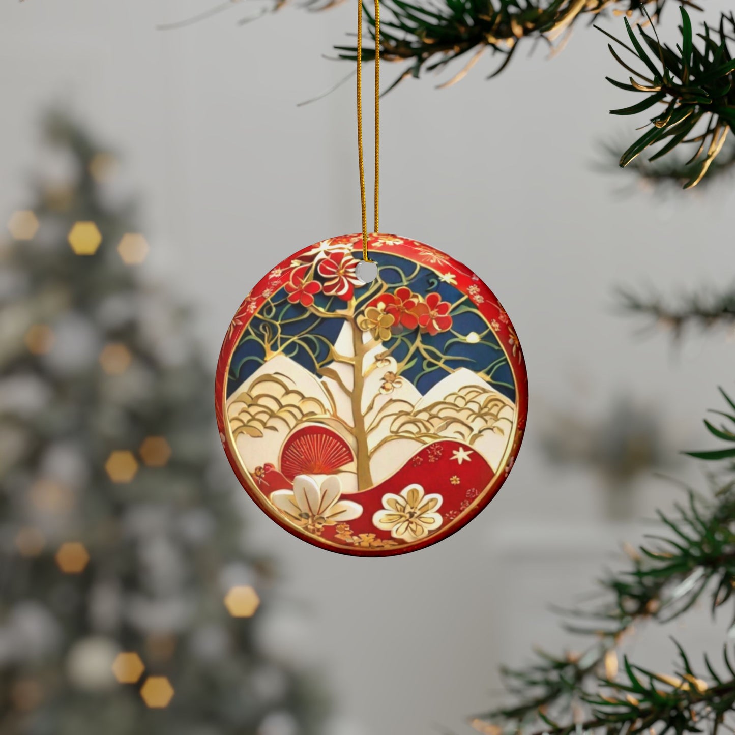 Japanese Style Christmas Tree Ceramic Ornament #4, 2-Side Print, (1pc, 3pcs, 5pcs, 10pcs)