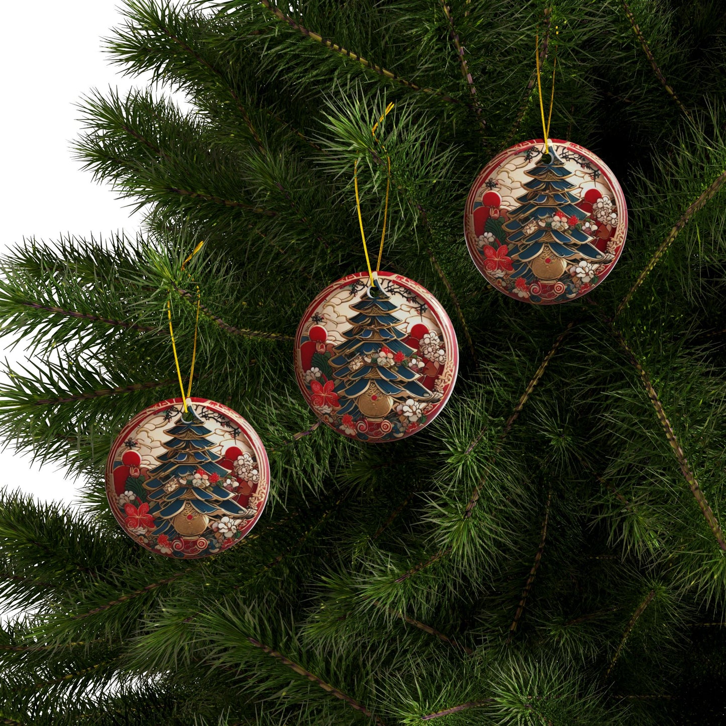 Japanese Style Christmas Tree Ceramic Ornament #2, 2-Side Print, (1pc, 3pcs, 5pcs, 10pcs)