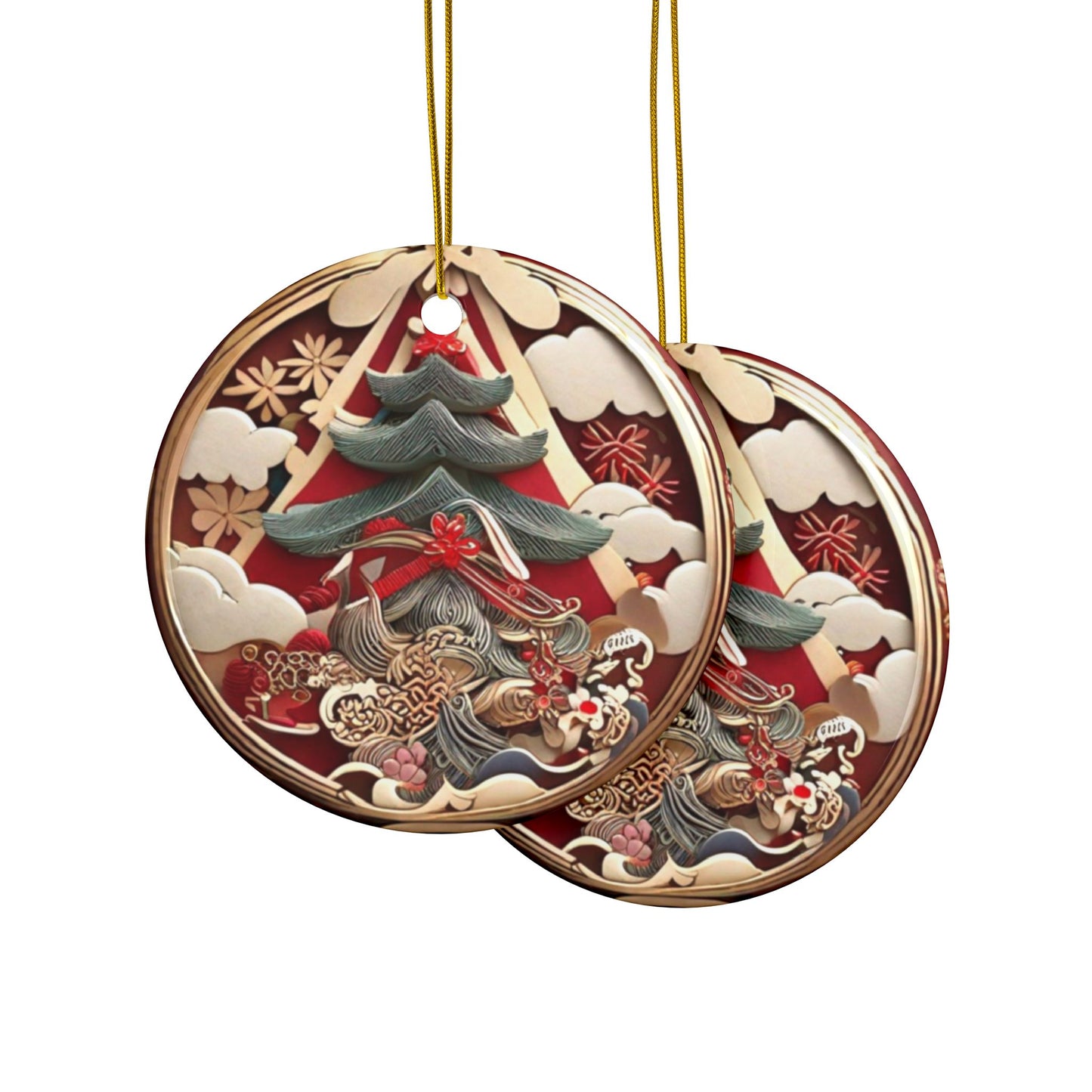 Japanese Style Christmas Tree Ceramic Ornament #1, 2-Side Print, (1pc, 3pcs, 5pcs, 10pcs)