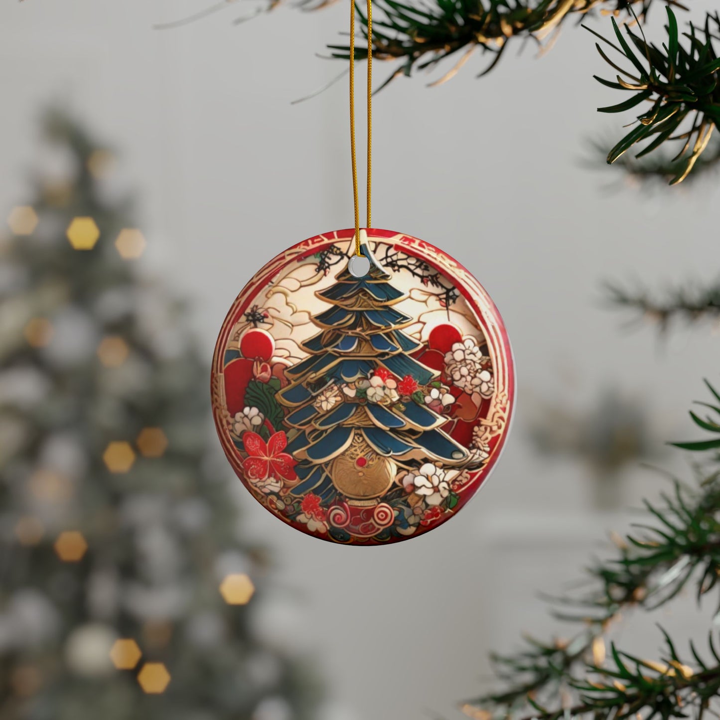 Japanese Style Christmas Tree Ceramic Ornament #2, 2-Side Print, (1pc, 3pcs, 5pcs, 10pcs)