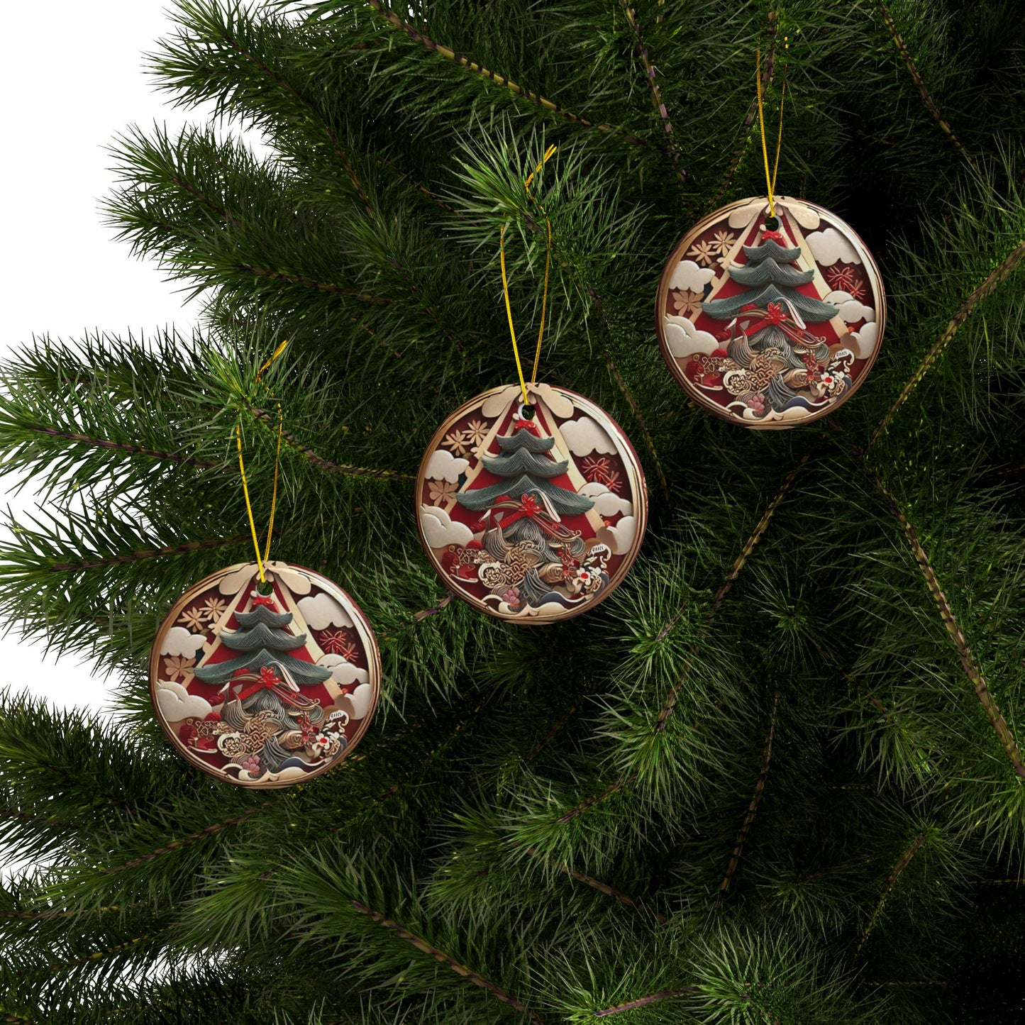 Japanese Style Christmas Tree Ceramic Ornament #1, 2-Side Print, (1pc, 3pcs, 5pcs, 10pcs)