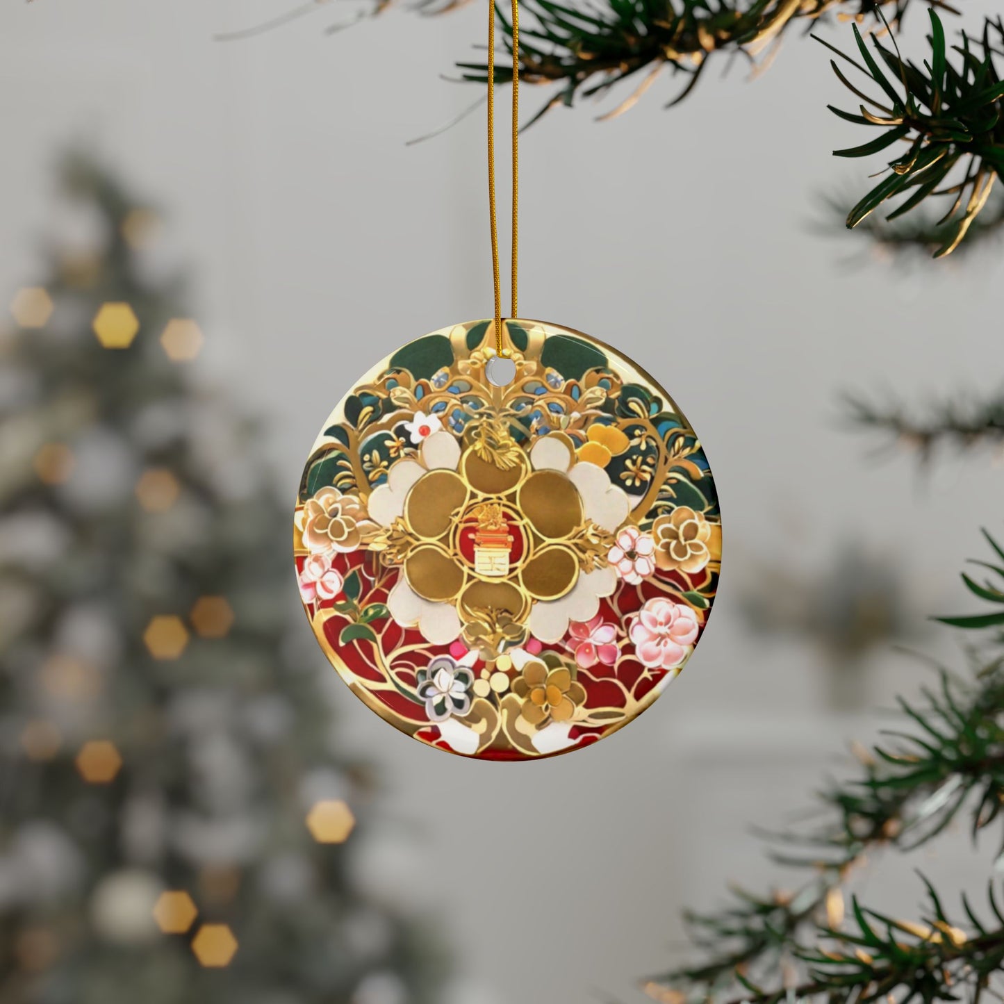 Japanese Style Christmas Tree Ceramic Ornament #3, 2-Side Print, (1pc, 3pcs, 5pcs, 10pcs)