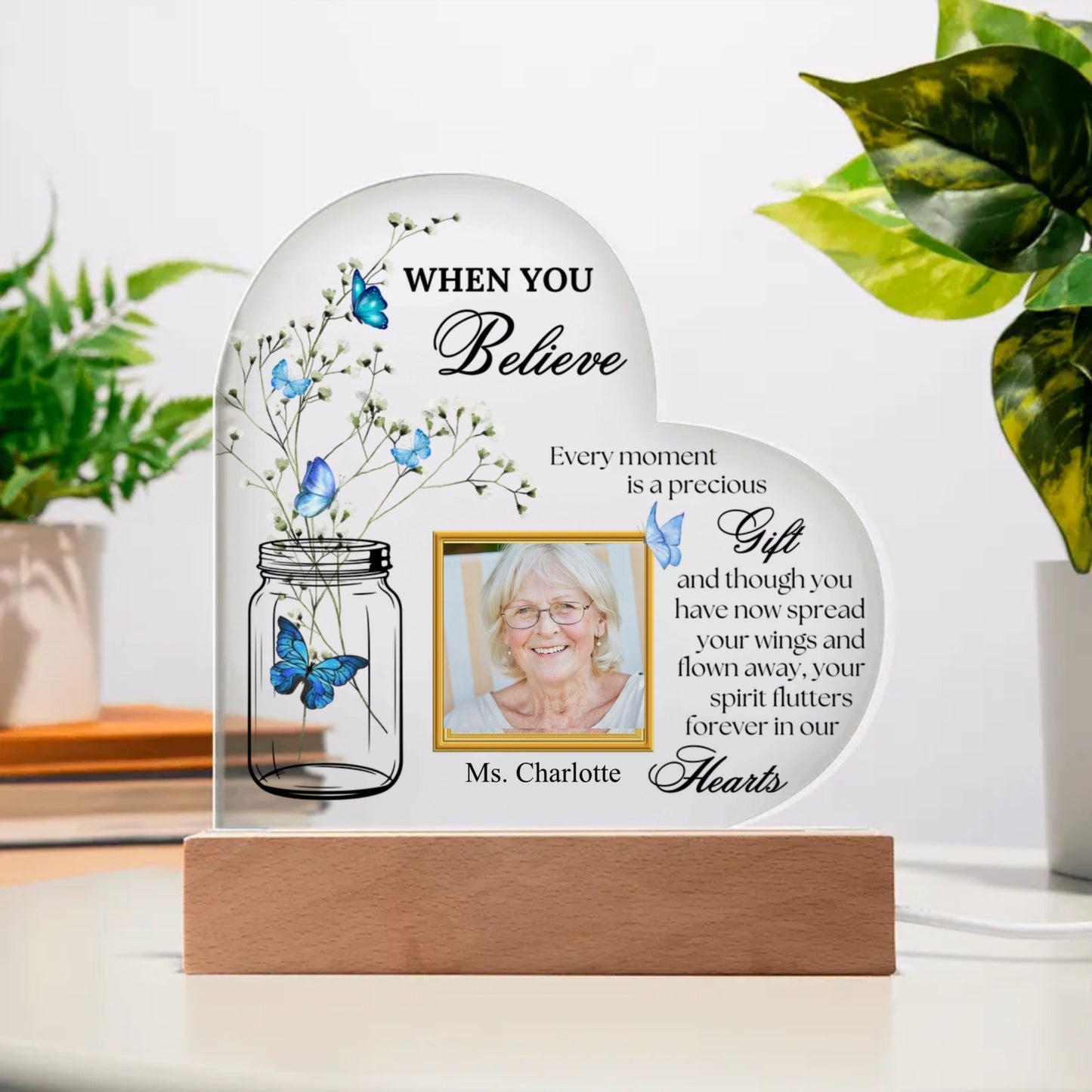 Blue Butterflies Memorial Acrylic Heart Plaque