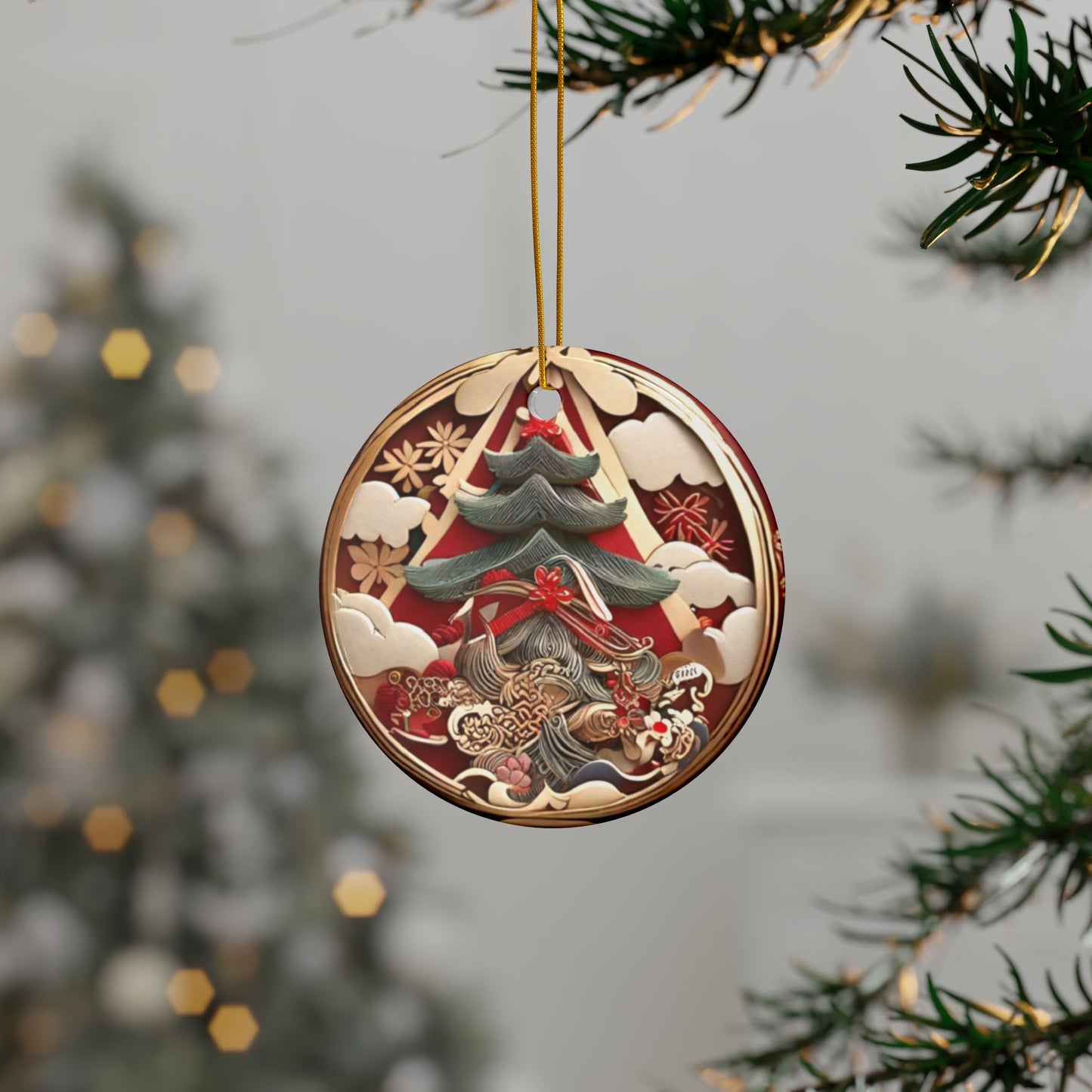 Japanese Style Christmas Tree Ceramic Ornament #1, 2-Side Print, (1pc, 3pcs, 5pcs, 10pcs)