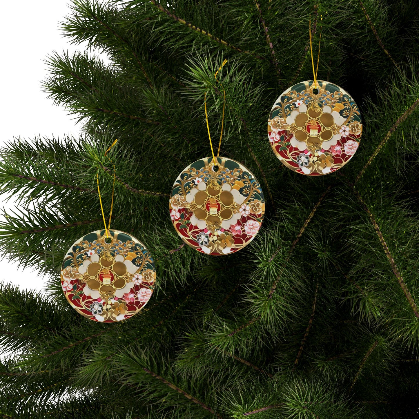 Japanese Style Christmas Tree Ceramic Ornament #3, 2-Side Print, (1pc, 3pcs, 5pcs, 10pcs)