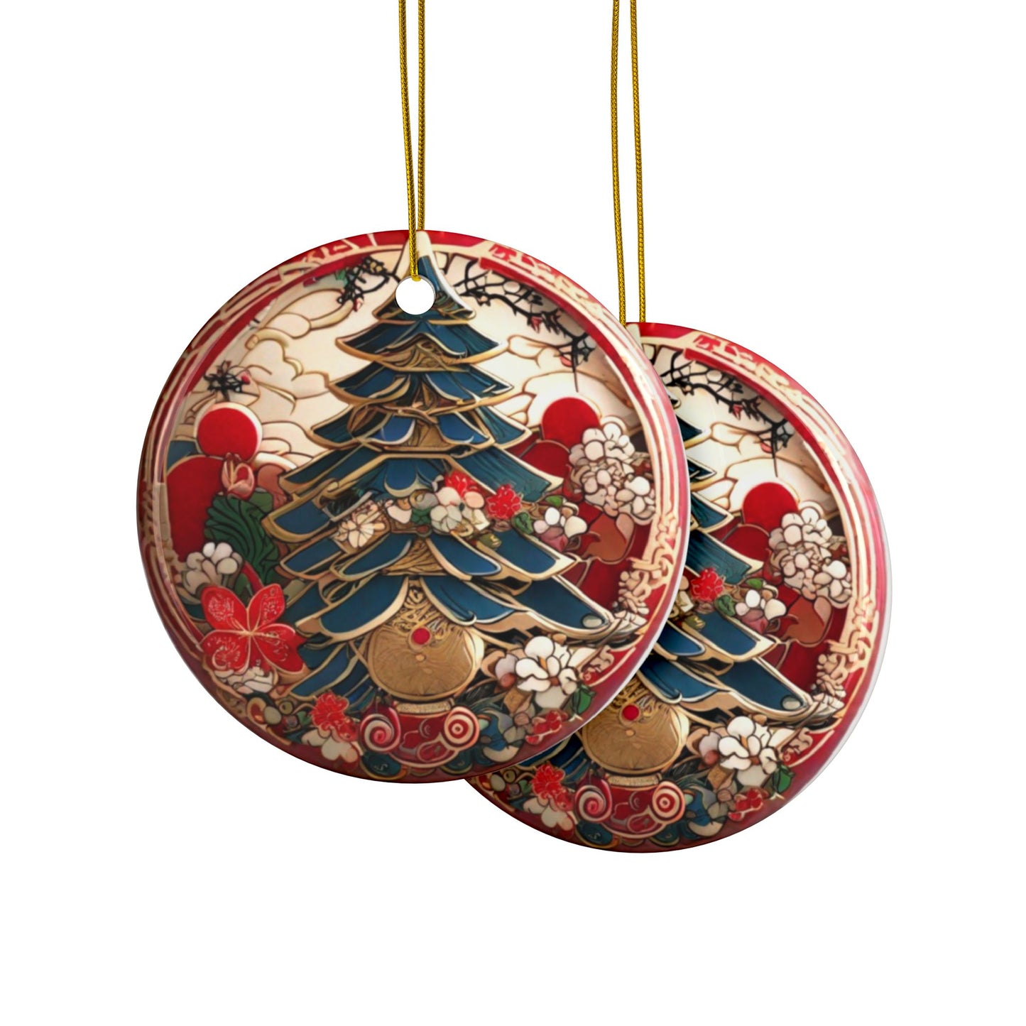 Japanese Style Christmas Tree Ceramic Ornament #2, 2-Side Print, (1pc, 3pcs, 5pcs, 10pcs)