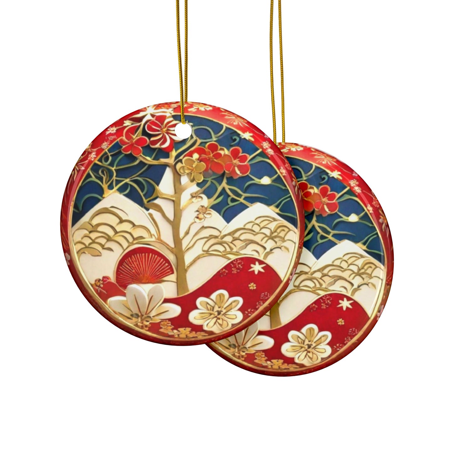 Japanese Style Christmas Tree Ceramic Ornament #4, 2-Side Print, (1pc, 3pcs, 5pcs, 10pcs)