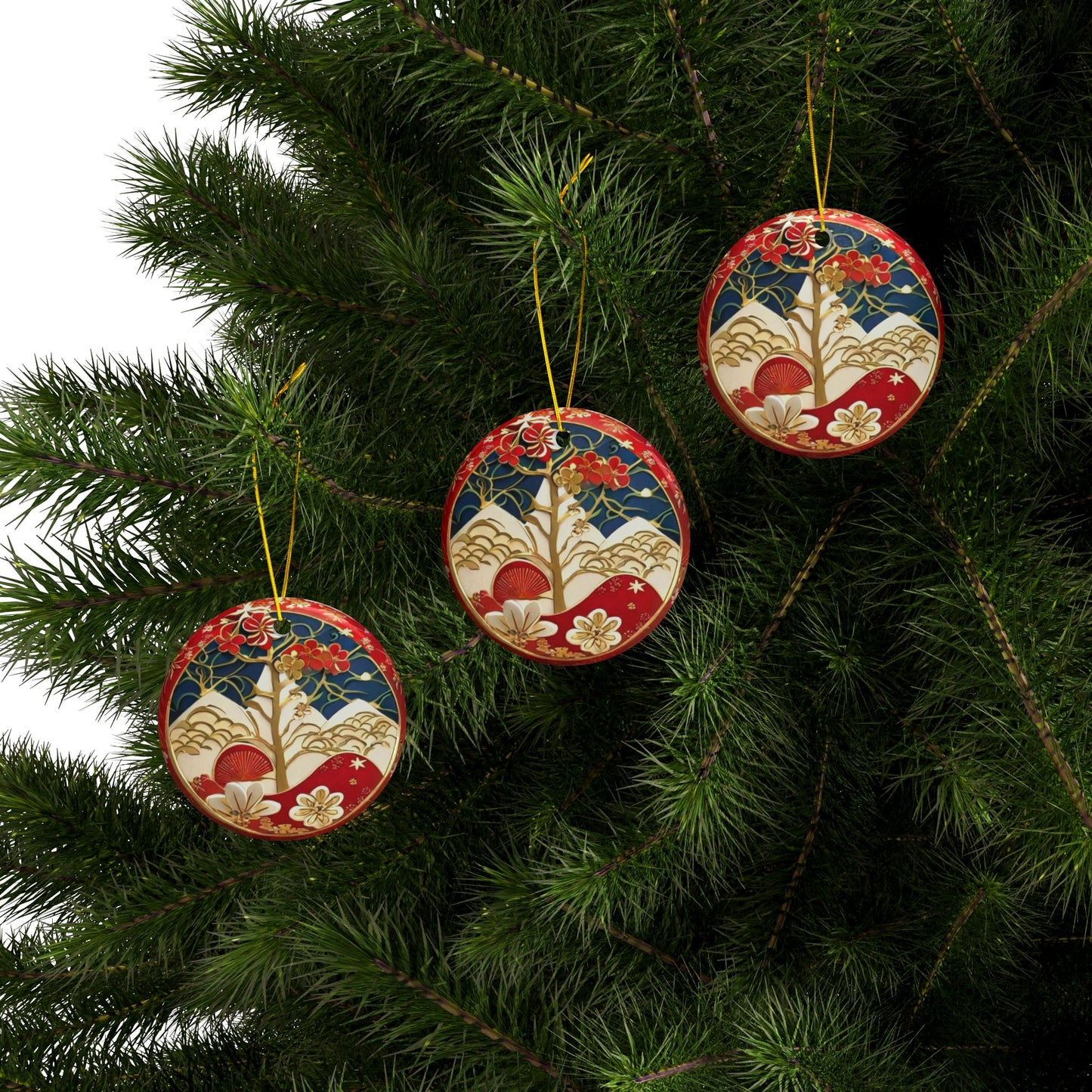 Japanese Style Christmas Tree Ceramic Ornament #4, 2-Side Print, (1pc, 3pcs, 5pcs, 10pcs)