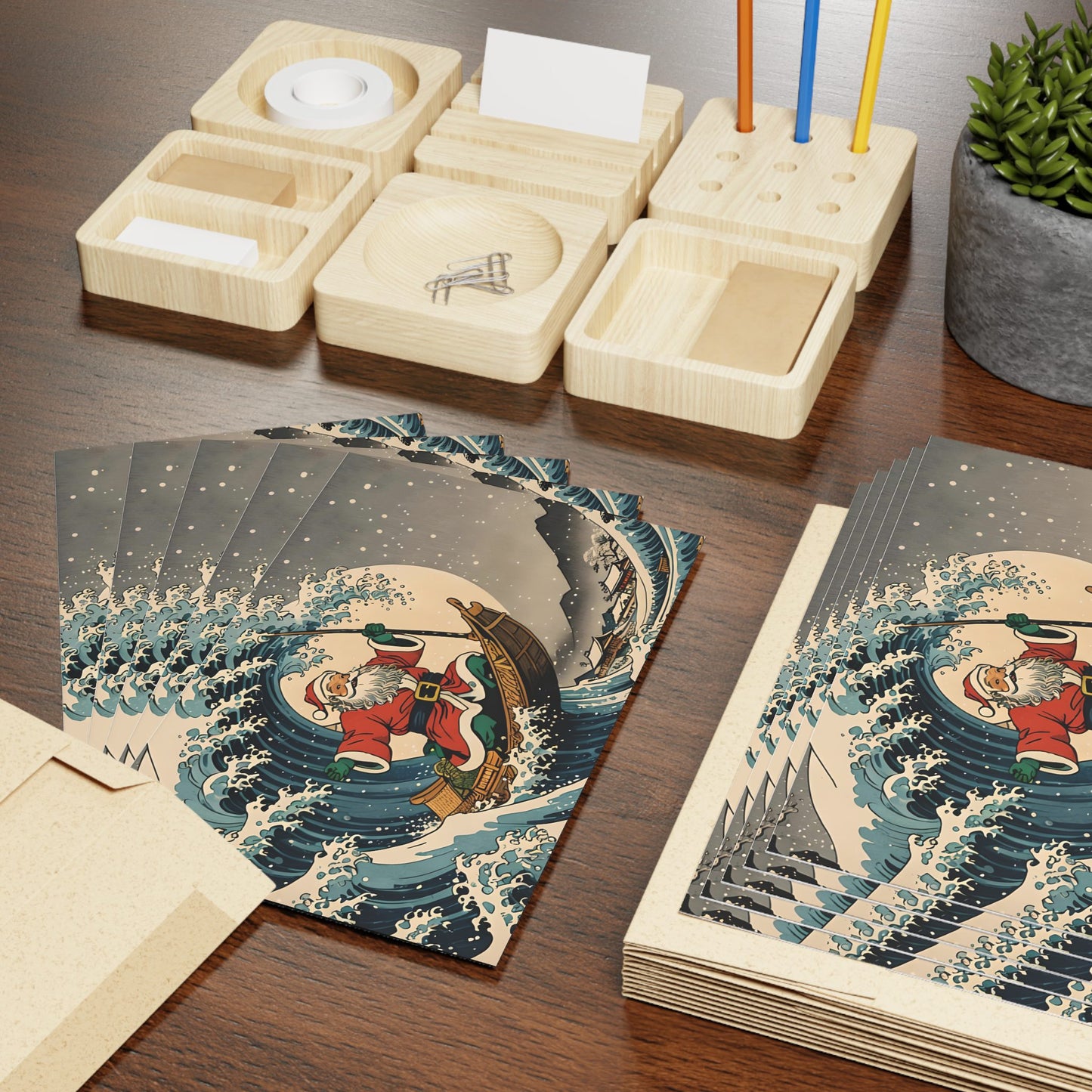 Great Wave Santa Greeting Cards (1 or 10-pcs)