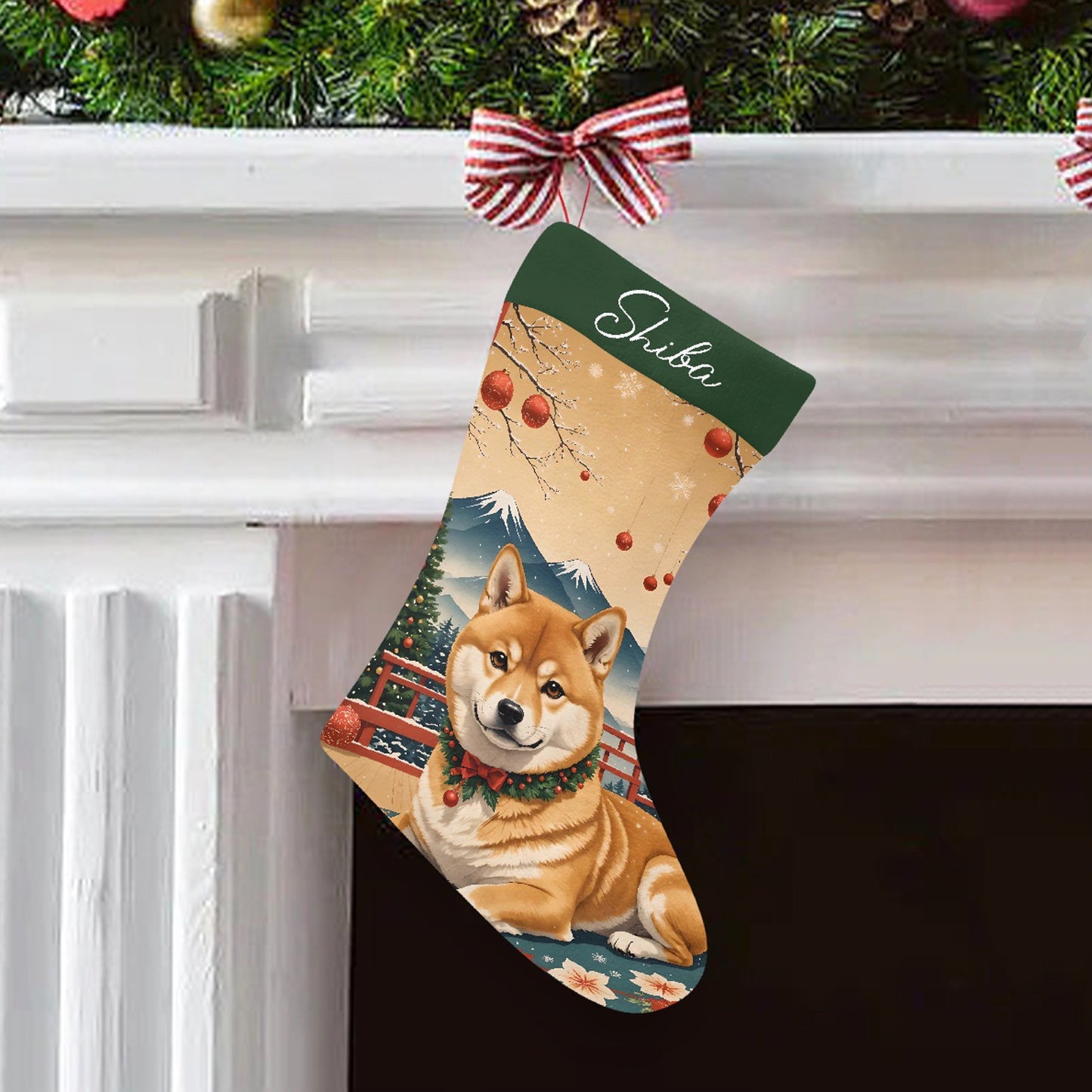 Personalized Shiba and Mt. Fuji Christmas Stocking